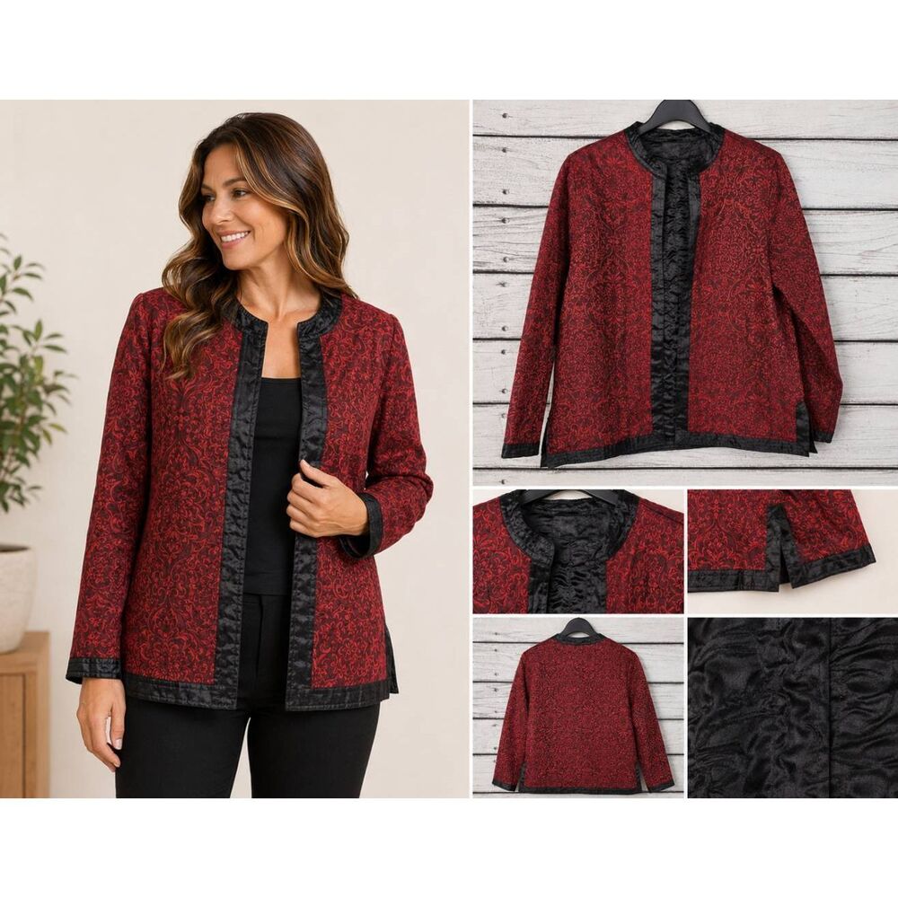 Alfred Dunner Women's Red Black Damask Brocade Jacket Size 12 Open Front Mandari